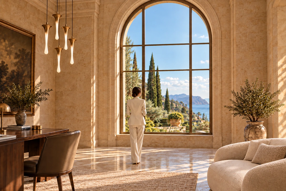 Editorial illustration of a businesswoman standing back from a framed arched window in a spacious stone office.