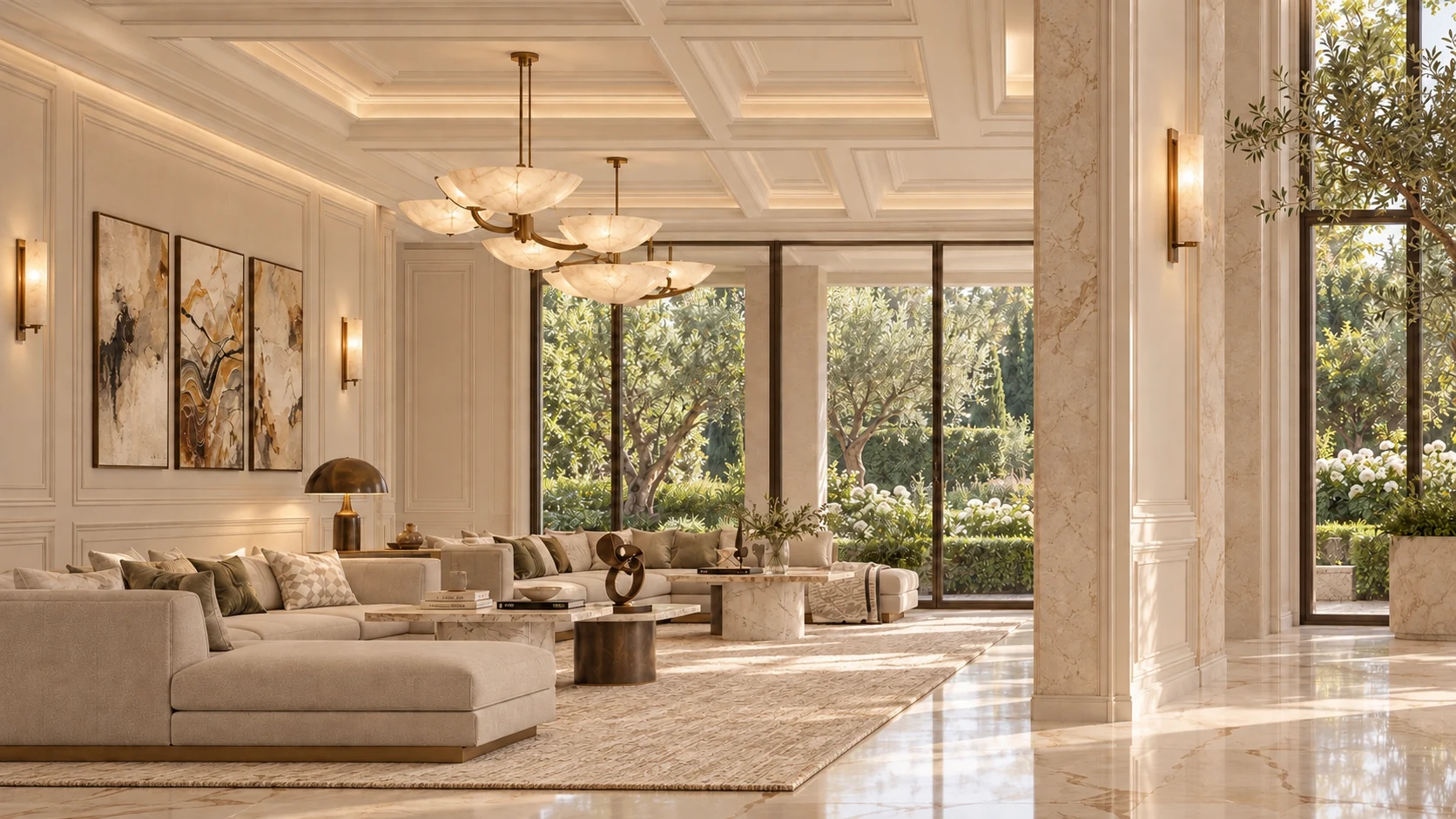Illustrative refined lounge with ivory sofas, classical wall and ceiling mouldings, alabaster lighting and a tranquil garden