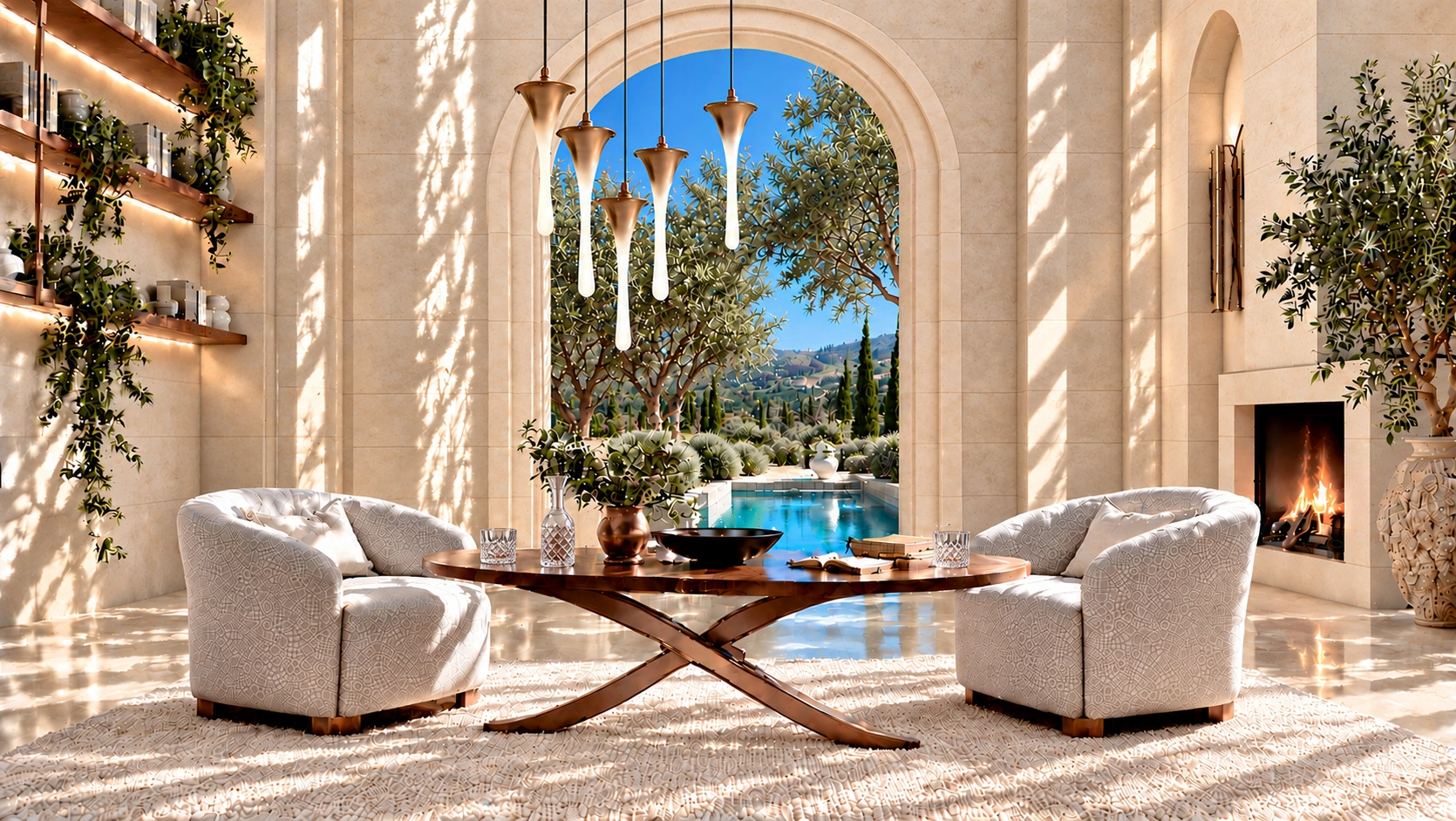 Illustrative spacious stone consultation salon with two ivory armchairs, five suspended brass and opaline droplet lights, floating bookshelves, a fireplace and an oval walnut table set with crystal water glasses and books